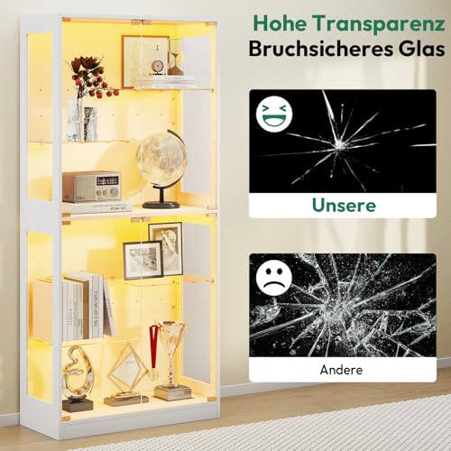 Lamtor Glasvitrinen Stehend mit LED Beleuchtung – 175 cm Glas Vitrinenschrank Wohnzimmer, Vitrine mit Verstellbares Regal, APP & Remote Control 6000+RGB (Weiß)
