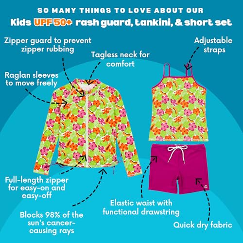 Image of SwimZip Girls' 3 Pc Swim Set w /Long Sleeve Rash Guard, Tankini & Shorts UPF 50+