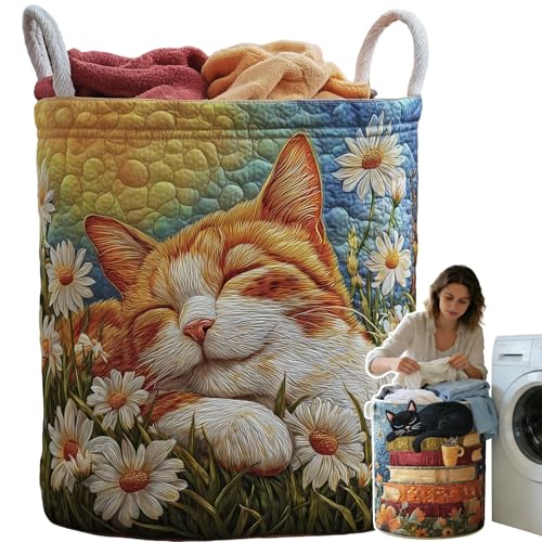 Image of Cat Quilted Laundry Basket - 18 inch /22 inch /28 inch, 2026 Large Quilted Cat Laundry Basket with Handles, Cozy Cat Fabric Storage Hamper for Nursery, Bedroom, Laundry Room, Clothes & Toys (8, L 20 inchX28 inch)
