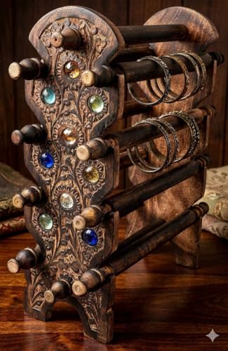 Image of Wooden Carved Bangle Stand | Folding Chuddi Stand | Gift item for women | Bar Bracelet, Bangle Jewelry Holder Stand Display Organizer, Bracelet Holder for Jewelry (Bangle stand 8 rods)