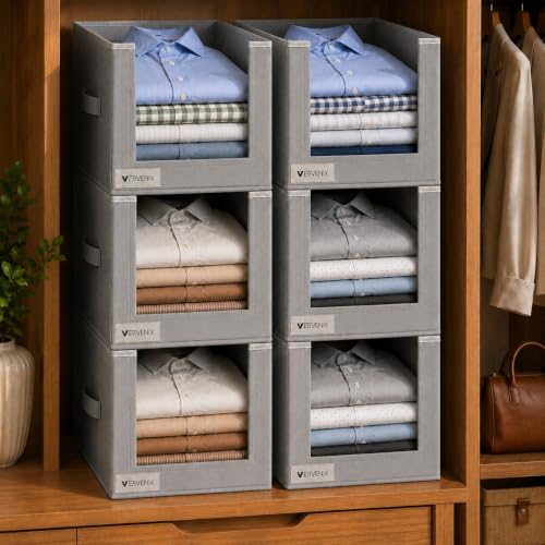 Image of VERVENIX Shirt Stacker Set of 6, Non Woven Foldable Clothes Storage Organizer with Handle, Wardrobe Closet Organizer, Space Saving Cloth Organizer for T-Shirts, Shirts, Jeans, Grey