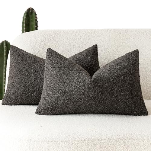 Image of Foindtower Pack of 2 Textured Boucle Throw Pillow Covers Accent Solid Decorative Lumbar Pillow Cases Cozy Couch Cushion Case for Sofa Living Room Home Decor, 12 x 20 Inch,Dark Brown