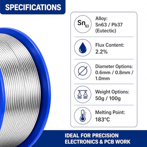 Image of For Electronics Repair - 0.8mm 50g Rosin Core Solder Wire, 63 /37 Tin Lead Alloy, Low Melting Point 361℉ /183℃, 2.2% Flux for PCB Soldering & DIY Electronics (0.8mm 50g)