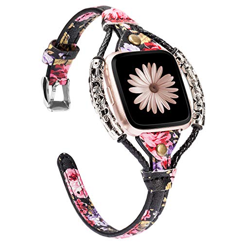 TOYOUTHS Leather Strap Compatible with Fitbit Versa/Versa 2 Bands Women Slim Genuine Leather Wristbands Replacement Versa Lite Special Edition Dressy Handmade Accessories (Black/Pink Floral)