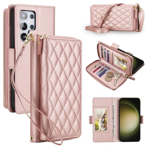 Coque Samsung S23 Ultra portefeuille or rose avec béquille et range carte