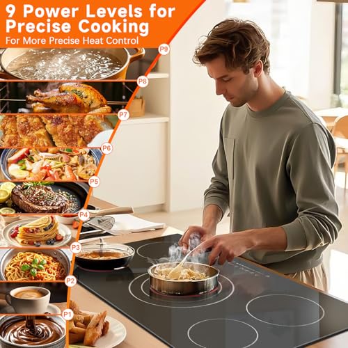 Image of Noxton 36 Inch Electric Cooktop 5 Burner, 9200W Built-in Electric Stove Top | Triple Elements, Pause, 9 Power Levels, Touch Control, Timer, Child Lock and Residual Heat Warning, 220-240V Hard Wire