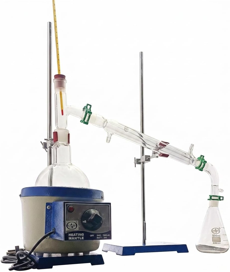 ISKO® Borosilicate glass home distillation unit with Heating Mantle, Stands clamps and Glass parts (500 ML)