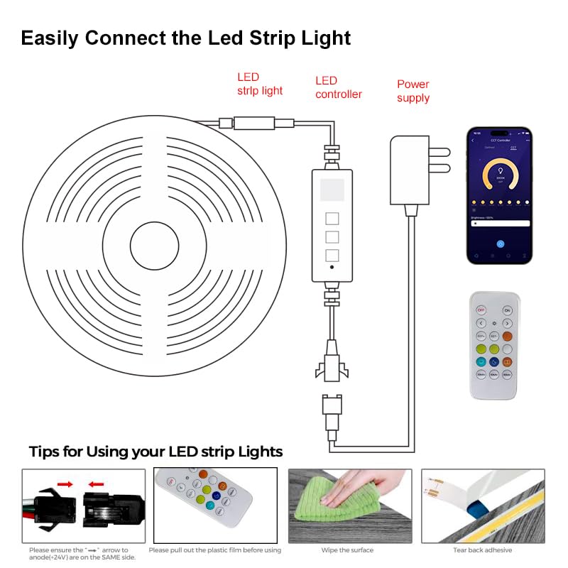 Image of COB LED Strip Lights, CCT Tunable White LED Tape Light 32.8ft /10m, 2700K-6500K, CRI90+, 24V Dimmable LED Strips Kit with Bluetooth APP Control, for Bedroom, Kitchen, DIY Lighting.