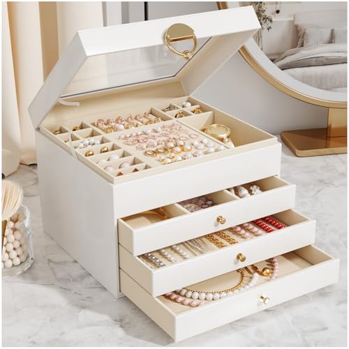 OrderlyGo Grande boîte à bijoux avec 4 niveaux - Couvercle transparent - Doublure en velours - Organisateur de bijoux pour boucles d'oreilles, colliers, bracelets -...