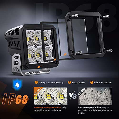 Image of Nilight 2 PCS LED Pod Lights 120W 4 Inch Square 13500LM 120 Super Flood 14AWG DT Connector Wiring Harness Kit Offroad Driving Work Light for Truck UTV ATV SUV 4x4