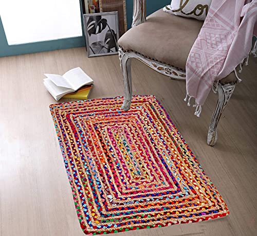 Image of Handmade Natural Jute Cotton Natural Fibers Floor /Door Mat Rugs Furnish Decor Striped Rectangular Design Carpet for Bedroom Living Room (JUTE004, 2x3-Runner)