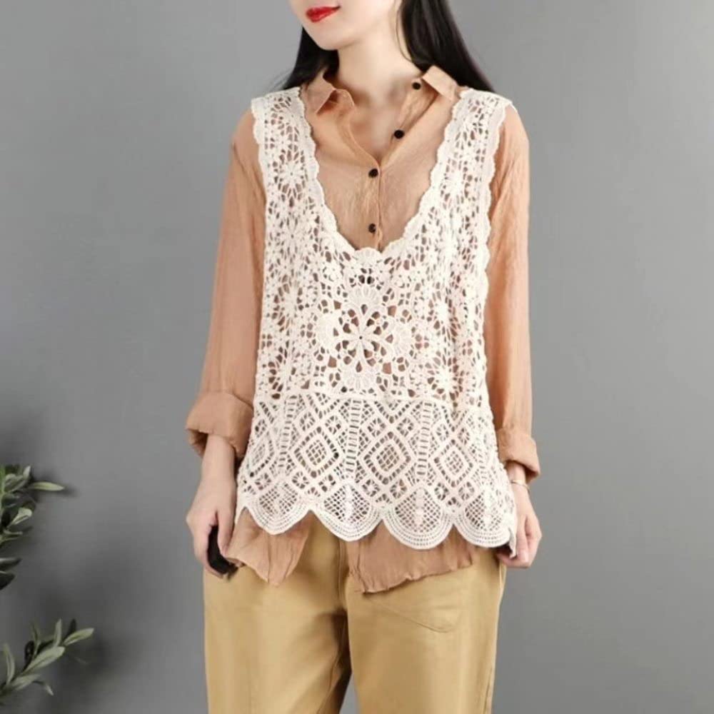 OZEO Gilet da Donna,Maglione Etnico Casual da Donna Gilet Boho Floreale in Pizzo Traforato Lavorato A Maglia Gilet Maglioni Slim Senza Maniche Gilet Canotte Esotiche per Ragazze da Donna,Bianca,S