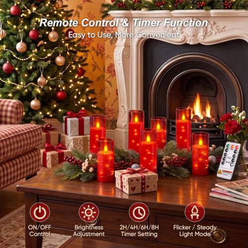 Image of Raycare Flameless Candle with Remote Timer, 3 Flickering Acrylic Battery Operated LED Pillar Candles with Embedded Star String for Christmas, Home Decor, and as a Gift(Red)