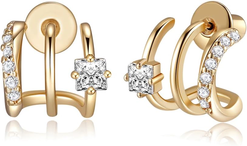 14K Gold Plated Triple Hoops Illustion Stud Earrings | Double Huggie Hoop Earrings for One Hole Illusion Stud Earrings |Zirconia Gold Hoop Earrings for Women