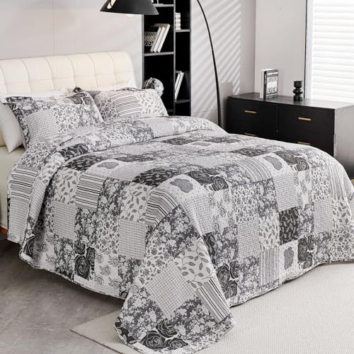 Colcha 100% algodón King de EVENHUG, ropa de cama reversible gris de alta suavidad para todo el año 3