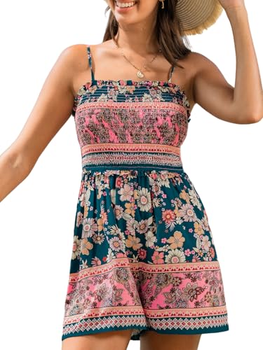 CUPSHE Damen Sommer Jumpsuit Spaghettiträger Blumenmuster Kurz Overall Gesmoktes Oberteil Freizeit Strand Urlaub Playsuit