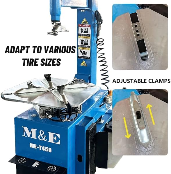 KATOOL ME-T450 Tire Changer showing adaptability to various tire sizes and adjustable clamps