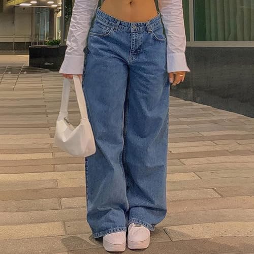 DSXH Gerade Bein Hosen Denim Hosen Vintage Lose Blau Gewaschen Mom Jeans Low Rise Jeans Frauen lose Jeans (Blau, L)