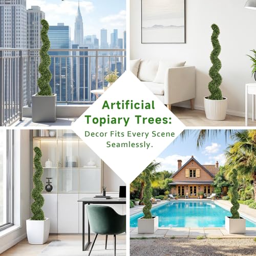 THE BLOOM TIMES 5ft Spiral Topiary Trees Artificial Outdoor Set of 2, Faux Boxwood Plants Outside - All-Year Green Fake Twisted Tree for Garden Front Porch Planter Decor 5 Foot