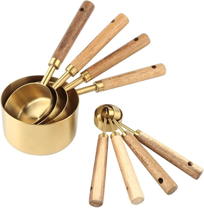 8 Piece Measuring Cups and Spoons Set Stainless Steel Measuring Cups and Spoons with Wood Handle for Dry and Liquid Ingredients(Golden)