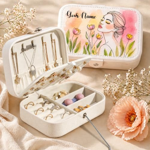 Image of PRIMIT Personalized Jewelry Box for Women & Girls - Travel Jewelry Organizer with Custom Name & Floral Design, Bridesmaid, Wedding, Anniversary (Floral Woman)
