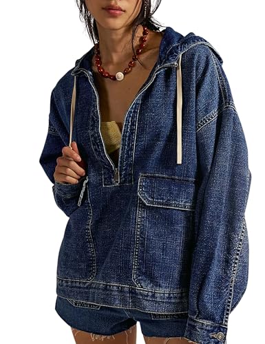 Omoone Women's Denim Pullover Jacket Oversized Half Zip Hoodie Jean Top Sweatshirt with Pockets