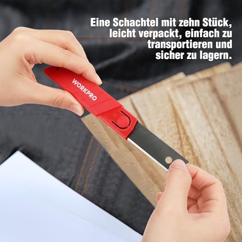 WORKPRO Cuttermesser Klingen 18mm 100 Stück für Profis, gehärtet & extrem scharf Ersatzklingen aus SK5, Abbrechklingen für Teppichmesser Cuttermesser inkl. 10 unabhängige Box