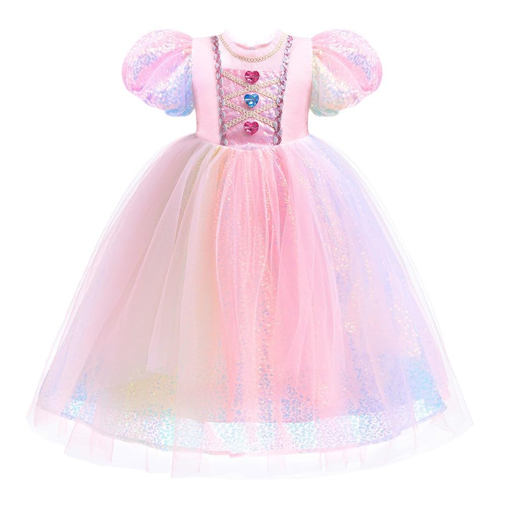 FMYFWY Girls Aurora Princess Rainbow Dress Sleeping the Beauty Halloween Costume Christmas Birthday Party Gown w/Accessories Pink 4-5T