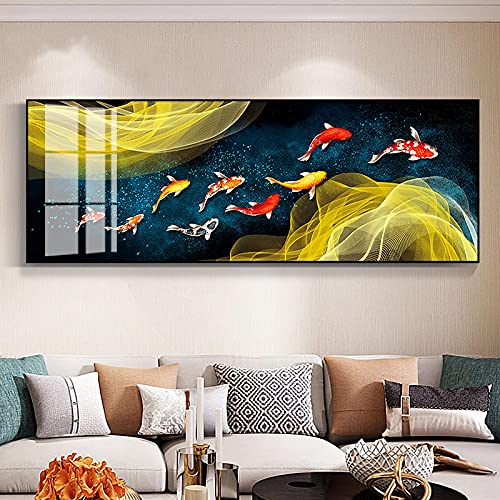 Affiche de Koi style chinois 9 poissons feng shui toile lotus 20x60cm
