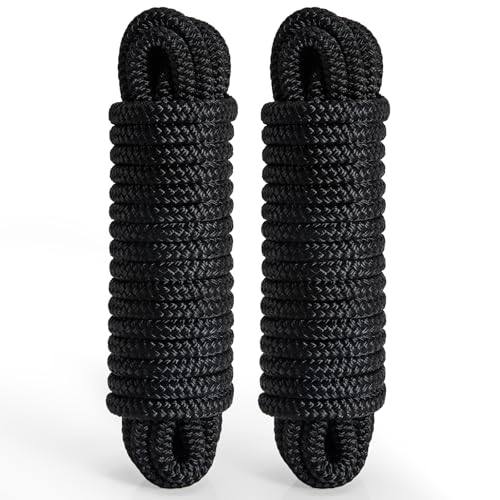 Image of 2 Pack 3 /8 inch x 25' Boat Dock Lines for Boat & Pontoon, Premium Marine- Grade Double Braided Nylon Boat Lines, Pre-Spliced with a 12 inch Eyelet-Black,High Strength,Easy Handling,Boating Gifts for Men.