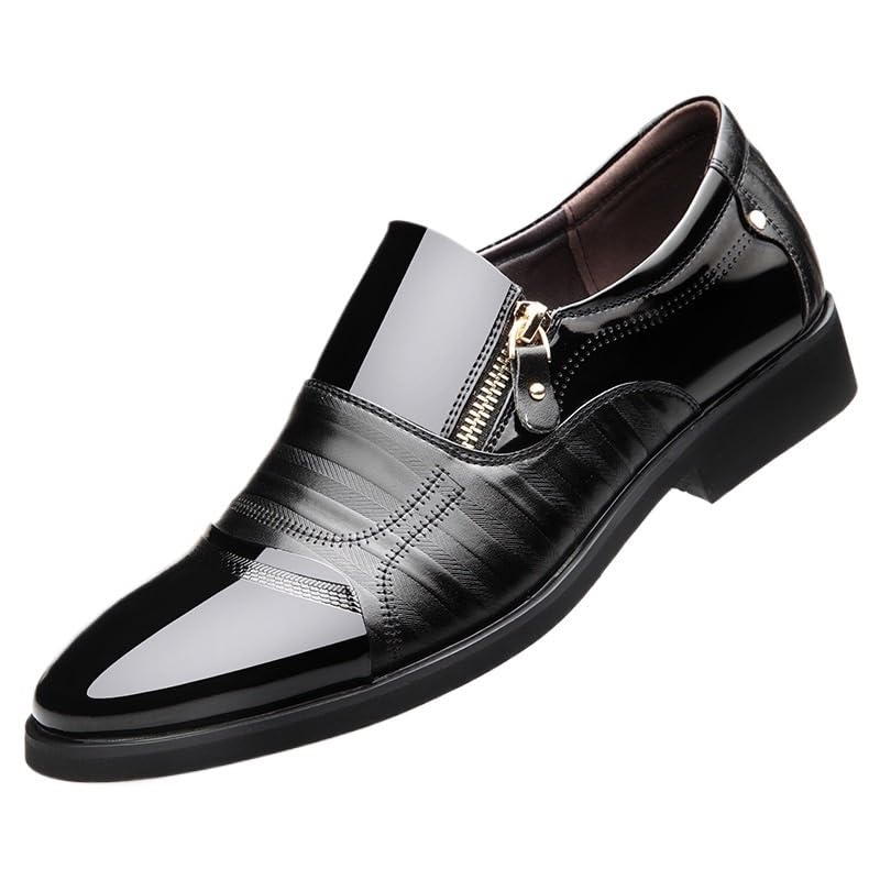 Dress Oxford Shoes for Men Mens Pointed Toe Formal Shoes with Zipper Leather Shiny Shoes Non Slip Block Heel Low Top Slip Resistant Anti-Slip Prom