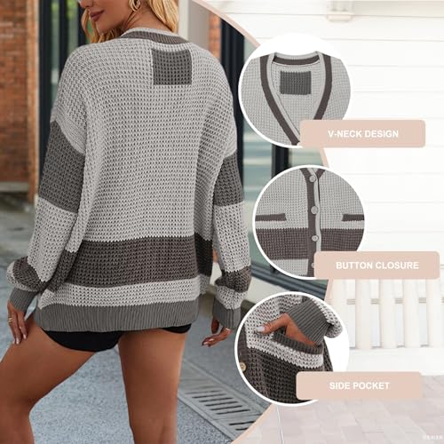 LKOUS Women's 2025 Knit Open Front Sweater Color Block Long Sleeve Fall Winter Cardigan with Pockets4