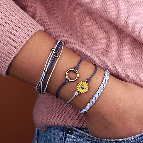 Image of Stackable Sunflower String Bracelets Cute Boho Braided Summer Beach Jewelry