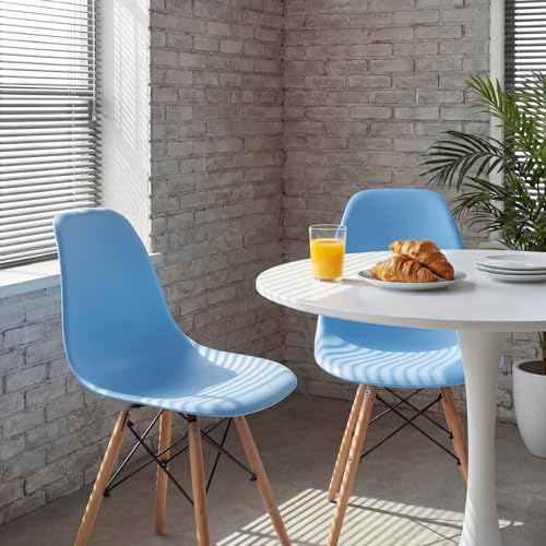 Image of Furmax Dining Chairs Set of 4, Mid Century Modern Plastic Dining Chair w /Curved Backrest & Wood Legs, DSW Shell Lounge Side Chair for Dining Room Living Room Apartment, Kitchen Chairs (Blue)