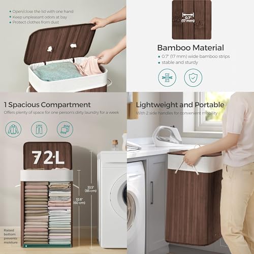 Image of LUXE HOME INTERNATIONAL Stripe Bamboo Laundry Basket with Lid | Eco-Friendly, Foldable & Lightweight Organizer (Brown, 40x30x60 cm, Pack of 1)