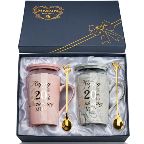 YIKILYLIFE 20th Anniversary Wedding Gifts 2PCS Happy 20th Anniversary Mr Mrs Gifts Marble Ceramic Cups Set 14oz 20 Year Anniversar-y Coffee Cup Gift-s for Couple Parents with Spoon Card Giftbox