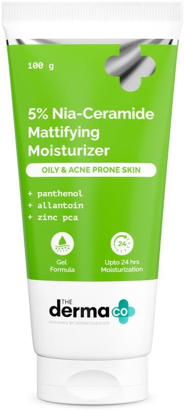 The Derma Co. 5% Nia-Ceramide Mattifying Moisturizer | For Oily to Acne Prone Skin | 5% Niacinamide, 2% Ceramide | 24 hrs. Moisturization | Panthenol, Allantoin & Zinc PCA | Oil-free Moisturizer -100g