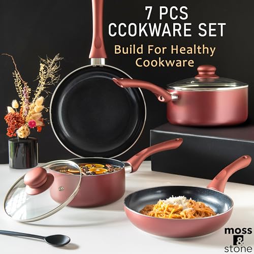 Image of Moss & Stone 6 Pcs Nonstick Cookware Set, Pots And Pans Set Non stick With Glass Lid, Induction Cookware, Stay-Cool Handle PTFE /PFOA Kitchen Pots 6-Piece with Frying Pans & Saucepan, Burgundy