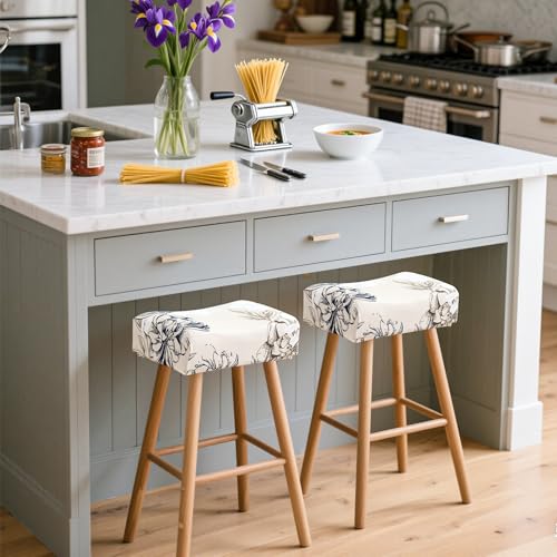Image of Waterproof Bar Stool Covers Rectangle Set of 2 Elegant Flower Stretch Backless Barstool Chair Covers Rectangular Washable