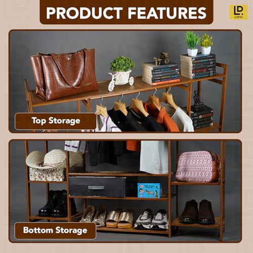 Image of LEOPAX Natural Bamboo Multipurpose 3 Layer Clothing Garment Rack Free Standing Clothes Coat Hanger, Portable Wardrobe Closet Organizer (Size - 140x30x150cm)