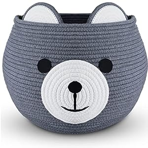 W Design Round Bear Toy Basket , Rope basket,Cute Animal Baby Basket Organizer With Handles For Toys, Blankets, Towels, Baby Shower , Handmade Gift Baskets Empty – 19 D X 13 H