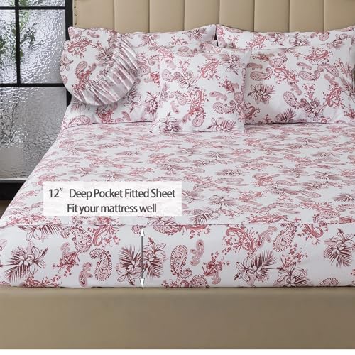 Image of FADFAY Twin XL College Bedding Red Paisley Sheets Extra Long Dorm Room Essential Bedding 100% Egyptian Cotton Soft Breathable Sheets Exotic Tropical Floral French Country Vintage Farmhouse Sheet 4Pcs