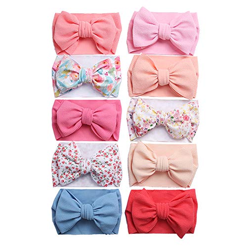 Image of KIDOCHEESE Big Bows Hairbands, Soft Polyester & Nylon Hairband with Large Bows for Baby Girls Newborn Infant Toddlers Kids, 10 Colors in 1 Package