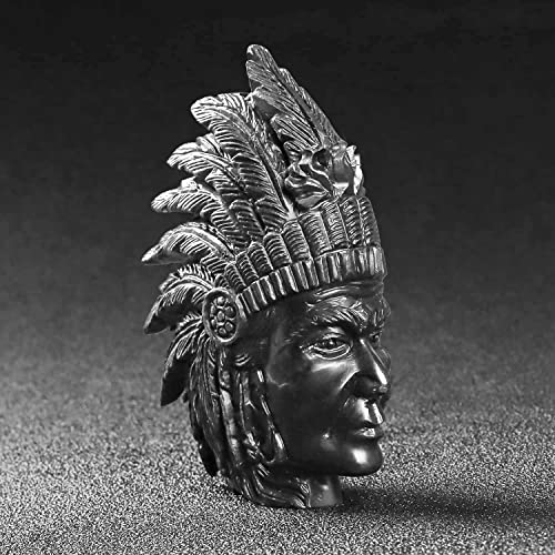 Smq 3.3" Indian Head Bust Statue Black Obsidian Crystal Stone Skull Ornaments Native American Indian Figurine For Diorama Gemstone Sculpture For Home Office Room Decor #TOP7