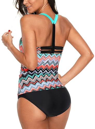 Dokotoo Womens Junior Retro Striped Zigzag Print Color Block Racerback Blouson Push Up Tankini Swim Bikini Top No Bottom Swimsuit Bathing Suit Swimwear X-Large #TOP1