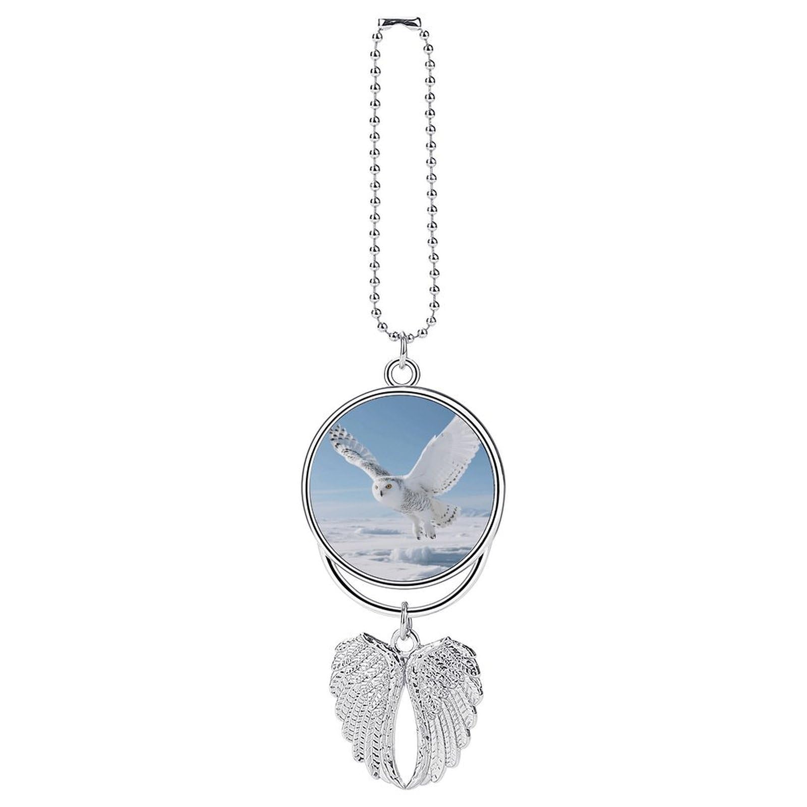 White Snowy Owl Guardian Angel Wing Car Ornament for Mirror, Zinc Alloy Hanging Charm with Spiritual Design for Protection, Rearview Mirror Accessory Decor Gift for Women Men(Silver)