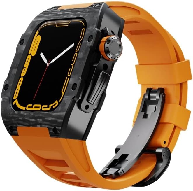 Carbon Fiber Case for Apple Watch 7 45mm 44mm Fluororubber Strap Luxury Set Frame Bezel Modification Kit for IWatch 8 7 6 5 4 SE image 2