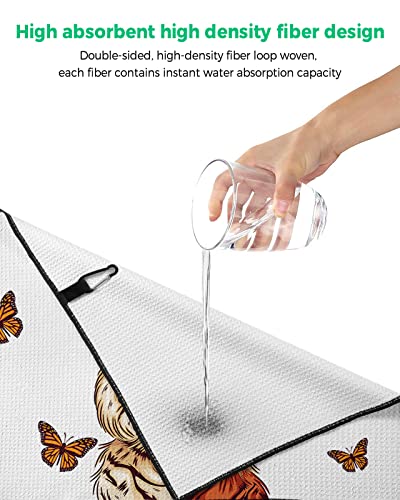 Ocomster Cute Hand Drawn Tiger With Butterflies Golf Towel With Carabiner Clip, Rustic Funny Animal Microfiber Waffle Pattern Golf Towel, Golf Accessories For Cleaning Clubs And Balls, 24X16 In #TOP4