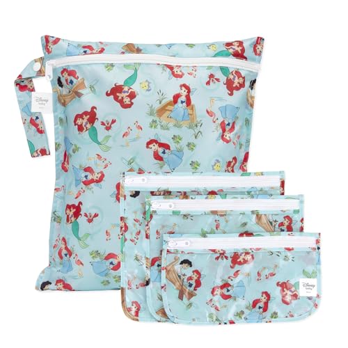 Image of Bumkins - Waterproof Wet Bag & Clear Travel Bags - For Beach, Baby, Travel, Swim Suit, Cloth Diapers, Pump Parts, Pool, Gym, Toiletries - Reusable & Easy to Clean - Disney Ariel - 4 Pack