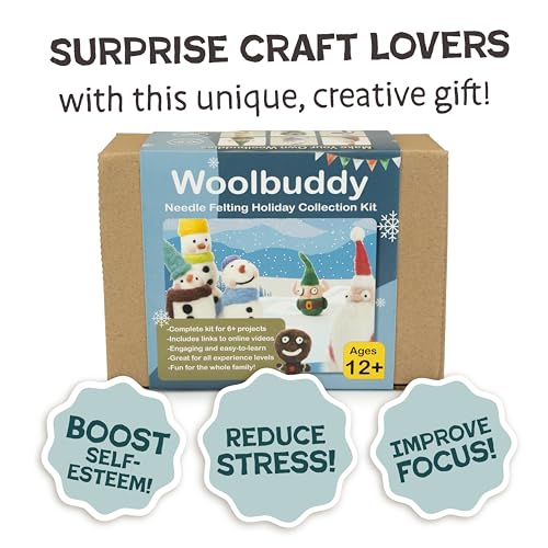 Image of Woolbuddy Needle Felting Kit for Beginners & Adults - Christmas Holiday DIY Felting Kit with Wool Roving, Felting Needles, Pad & Instructions - Felting Kits for Adults Christmas Crafts & Gifts
